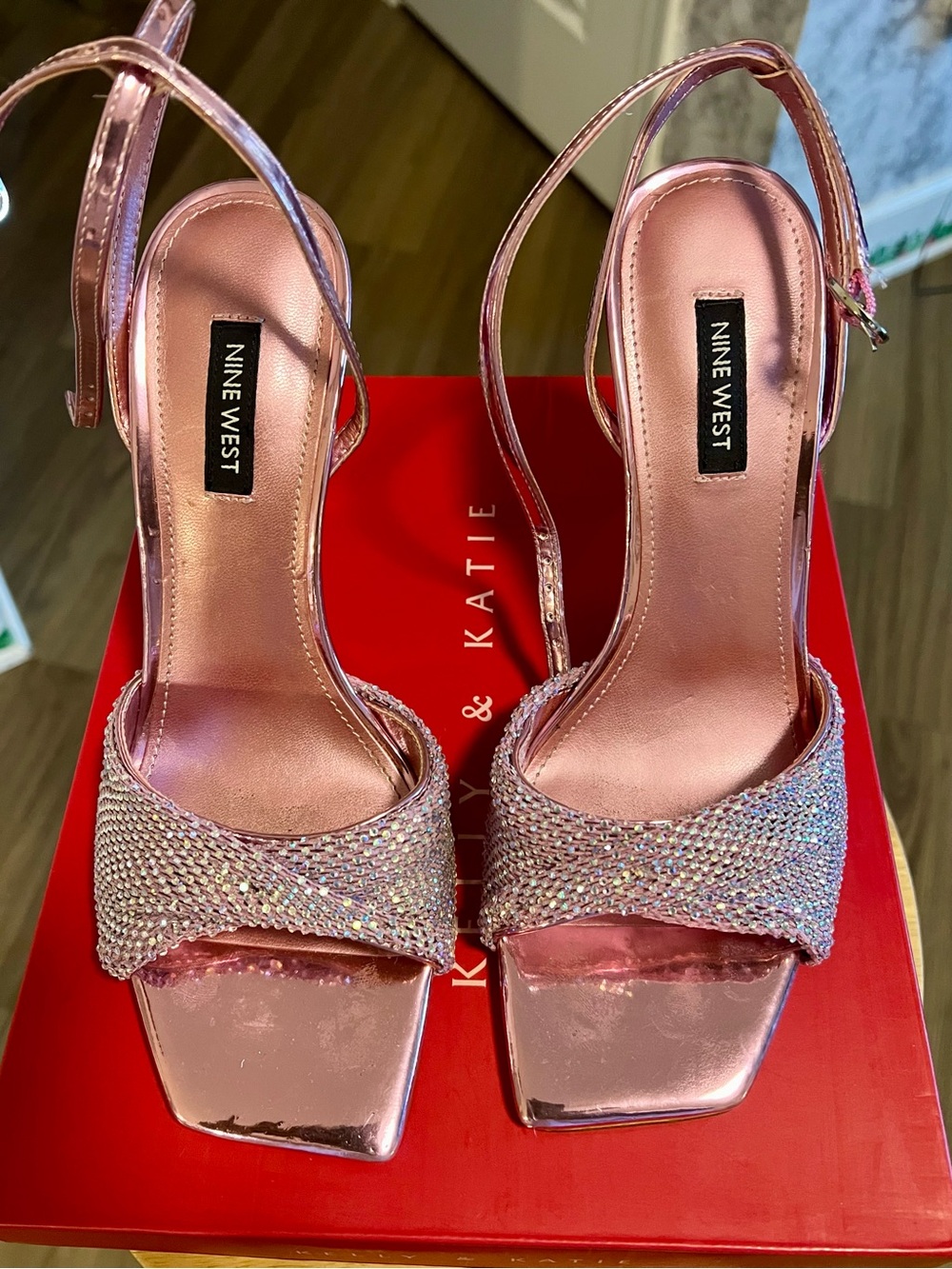 Nine West Rose Pink Metallic Crystal Strap Slingback Heels